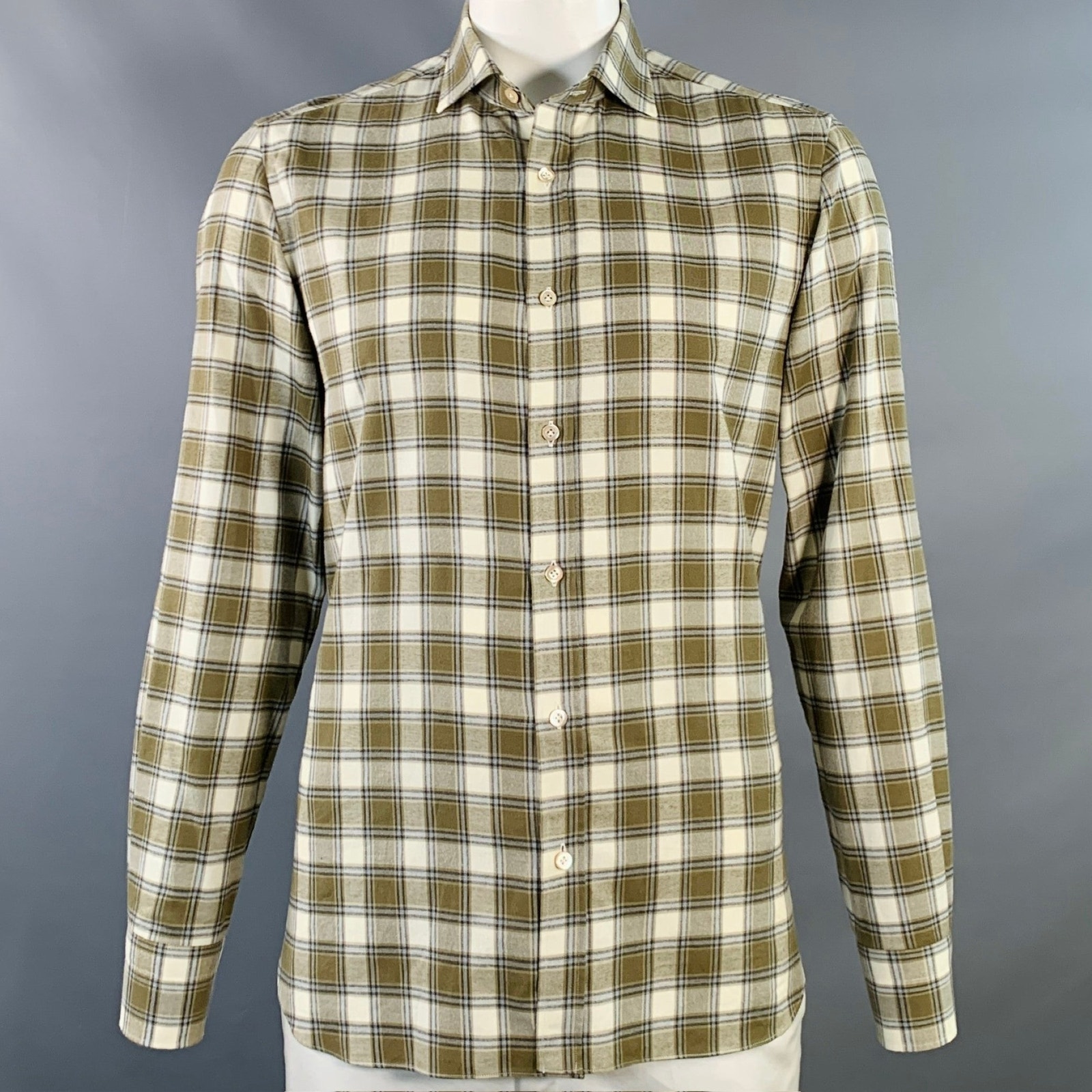 Boglioli Size L Cream Olive Plaid Cotton Twill Spread Collar Long Sleeve Shirt